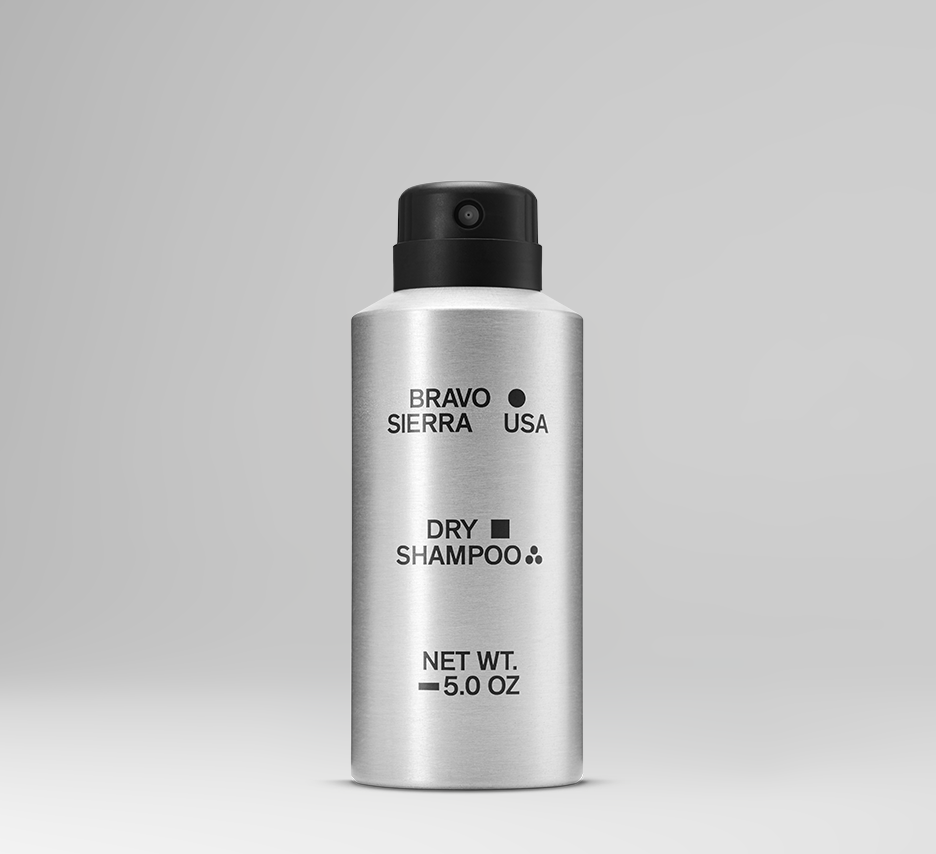 Bravo Sierra dry shampoo spray bottle, lightweight and easy to use for fresh hair without water, in a sleek white container.