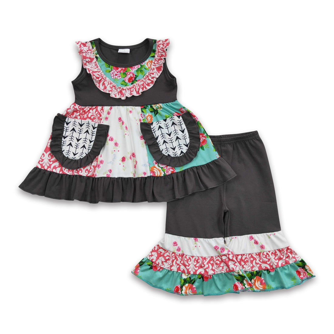 Floral patchwork tunic grey capris girls clothing set