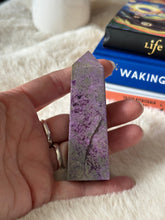 Evermore Everlasting Atlantisite Stichtite crystal tower with vibrant green and purple hues, polished and standing upright.