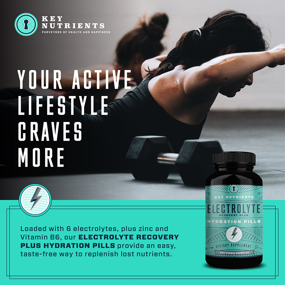 Key Nutrients electrolyte hydration pills in capsule form, shown in a clear container with a fresh, active lifestyle background