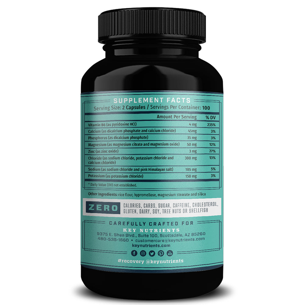 Key Nutrients electrolyte hydration pills in capsule form, showing supplement facts label on a white background.