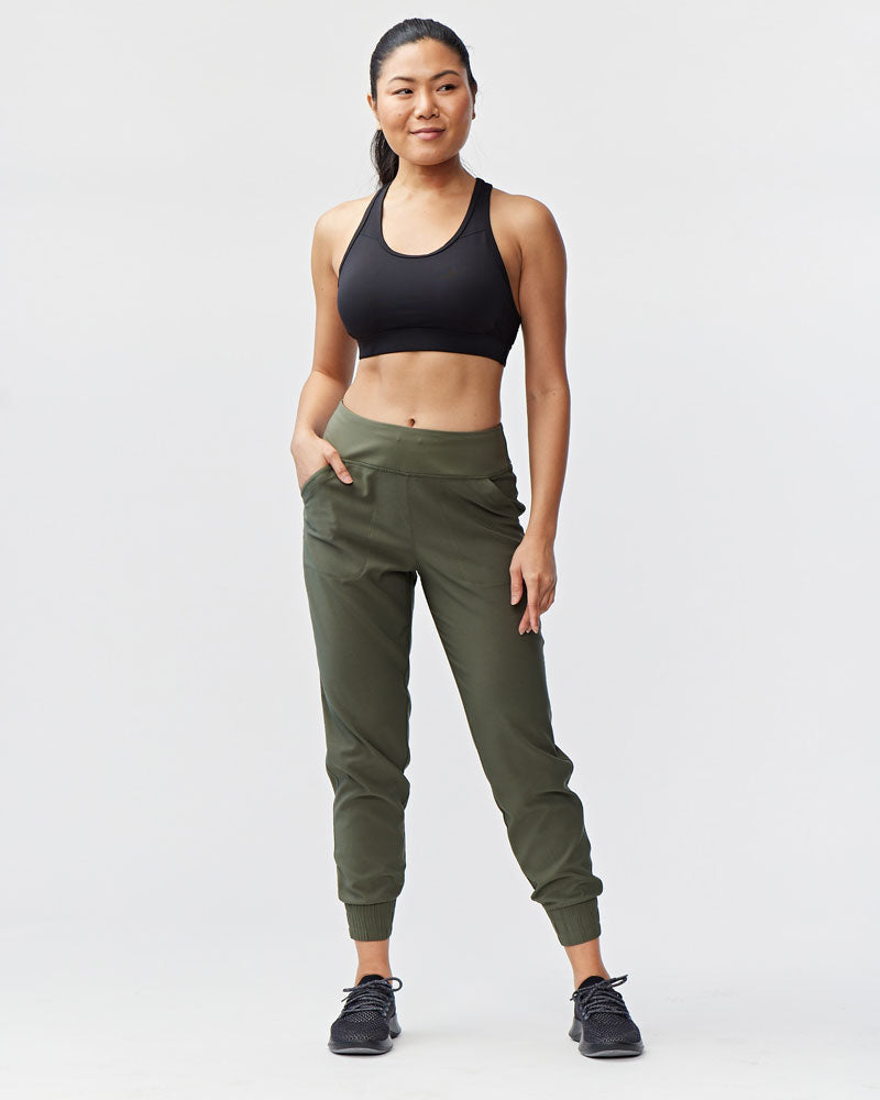 Goal Five Excel Jogger 7/8 length training pants in dark moss color, with tapered fit and elastic waistband.