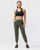 Goal Five Excel Jogger 7/8 length training pants in dark moss color, with tapered fit and elastic waistband.