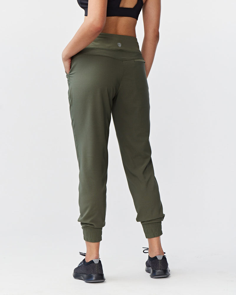 Goal Five Excel Jogger 7/8 length training pants in dark moss, lightweight athletic pants for active wear.