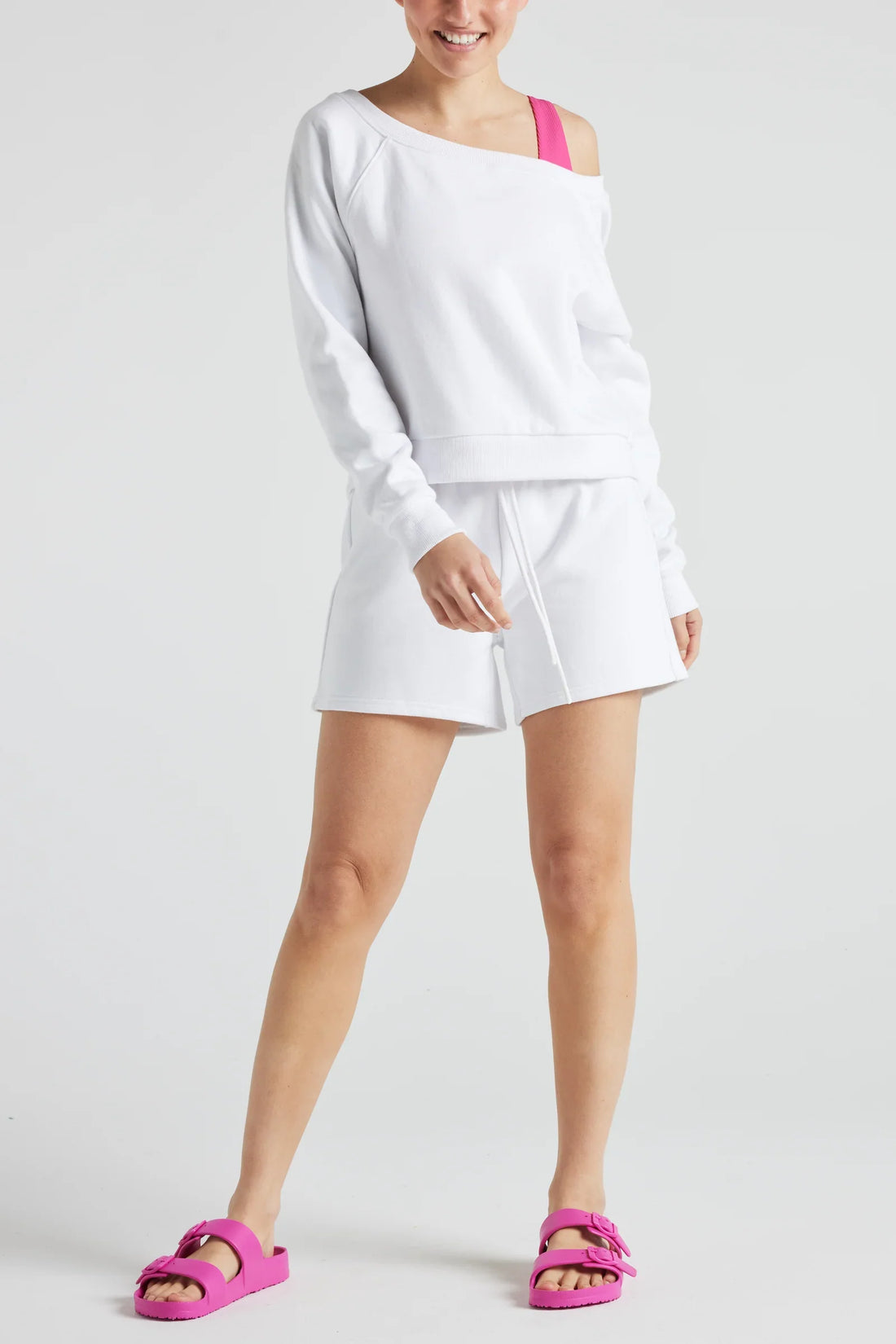 White electric fleece shorts from Fitkitty Culture athleisure wear, designed for comfortable women&