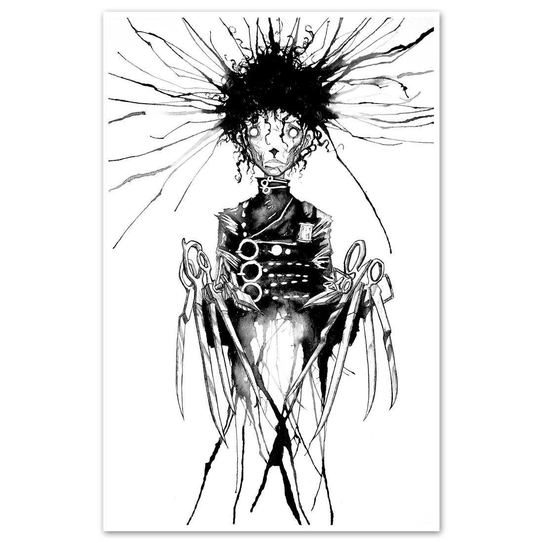 Edward Scissorhands poster featuring a detailed print of the iconic character from the film, suitable for framing or wall decor.