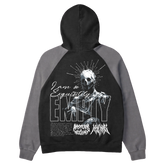 Black and cement-colored pullover hoodie by Any Means Necessary Clothing, showing the back view with a plain design.