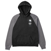 Black and cement-colored hoodie from Any Means Necessary Clothing, front view showing minimalist pullover design.