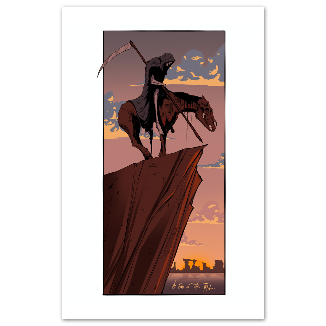End of Trail poster by Any Means Necessary Clothing featuring a detailed mountain and forest landscape print.