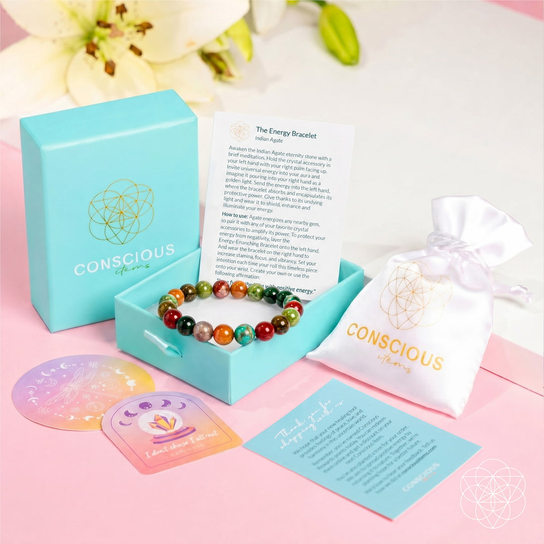 Conscious Items Energy Bracelet with packaging, featuring a sleek bracelet design aimed at promoting positive energy and wellness.