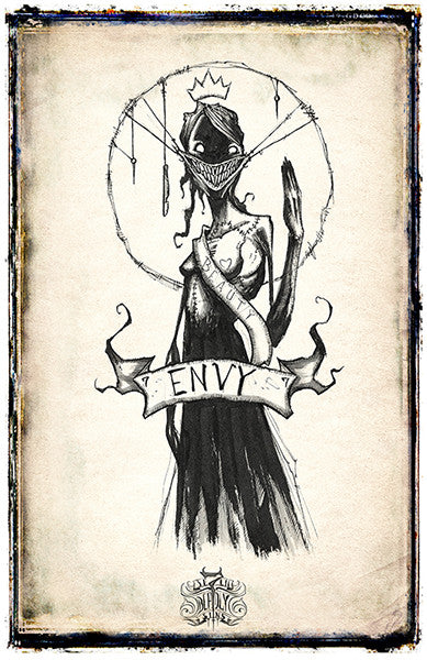 Envy poster from Se7en Deadly Sins Prints collection by Any Means Necessary Clothing, featuring detailed artwork and vibrant colors.