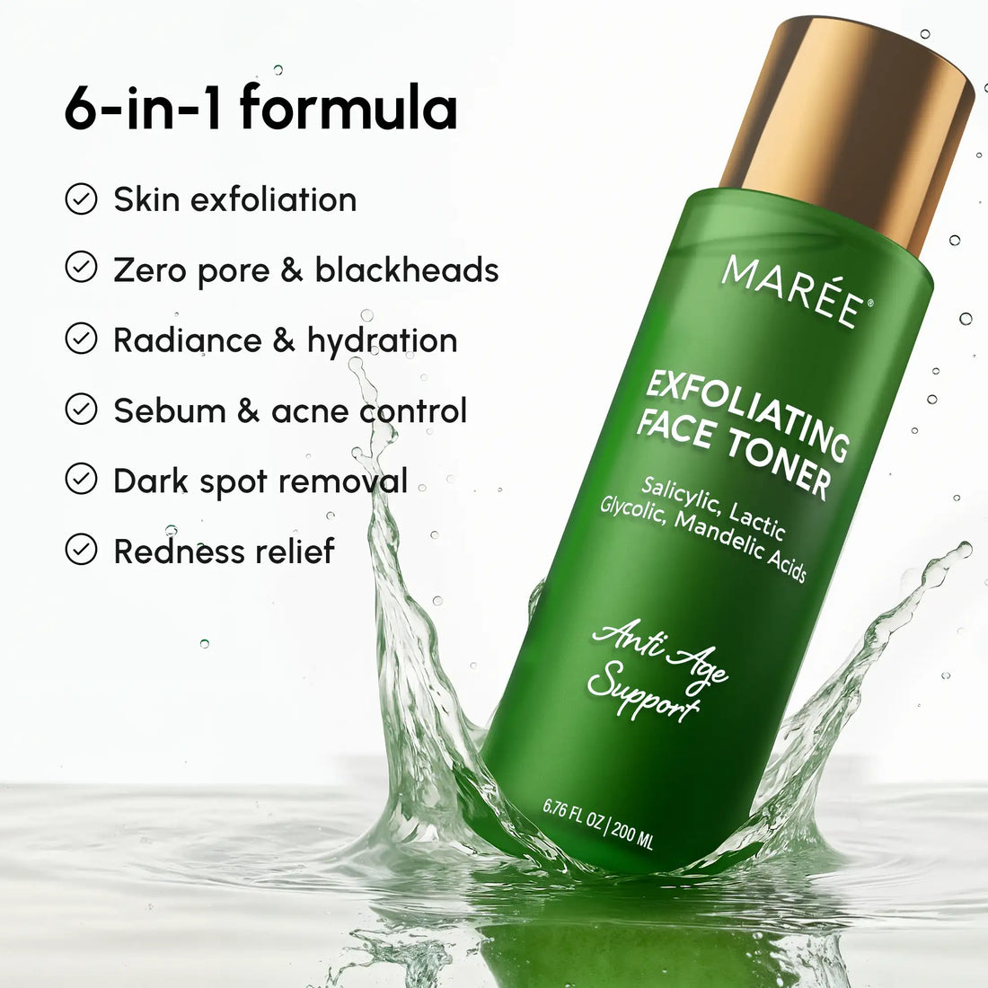 Maree Daily Glow Exfoliating Toner bottle with clear liquid and label, designed for gentle skin exfoliation and brightening.