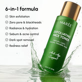 Maree Daily Glow Exfoliating Toner bottle with clear liquid and label, designed for gentle skin exfoliation and brightening.