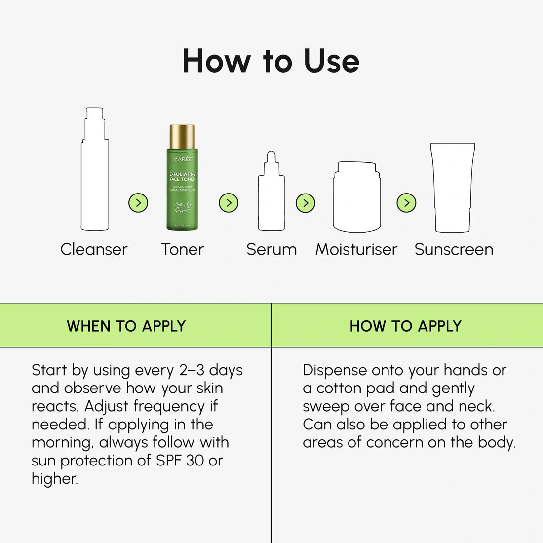 Maree Daily Glow Exfoliating Toner bottle with clear liquid and pump dispenser, designed for gentle skin exfoliation.