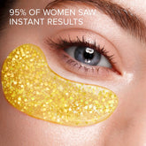 Maree 24K Gold anti-aging eye patches showing gold-colored gel under the eyes in a clear container.