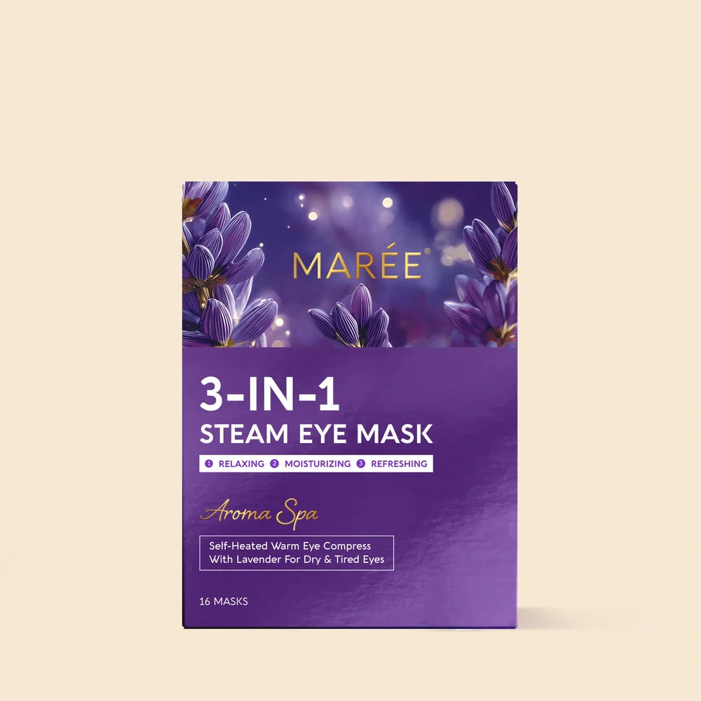 Maree scented spa steam eye mask covering closed eyes, with soft fabric and calming design for relaxation and eye comfort.