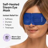 Maree scented spa steam eye mask resting over closed eyes, emitting gentle steam for relaxation and eye comfort.