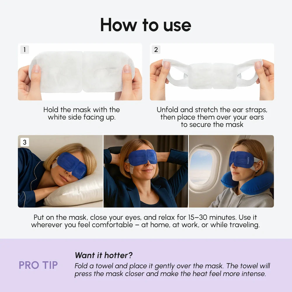 Maree scented spa steam eye mask resting over closed eyes, providing relaxation and soothing warmth.