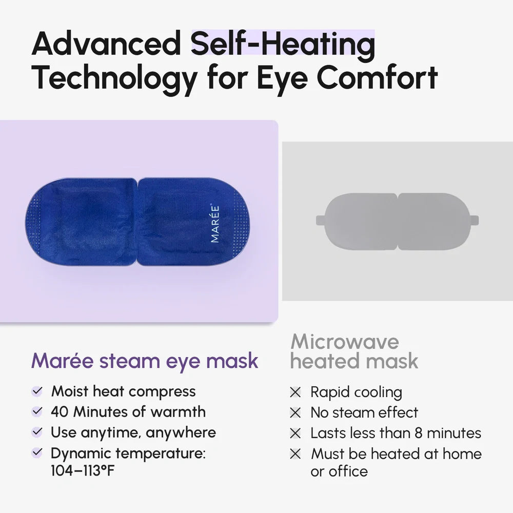 Maree scented spa steam eye mask resting over closed eyes, designed for relaxing eye comfort and soothing warmth.