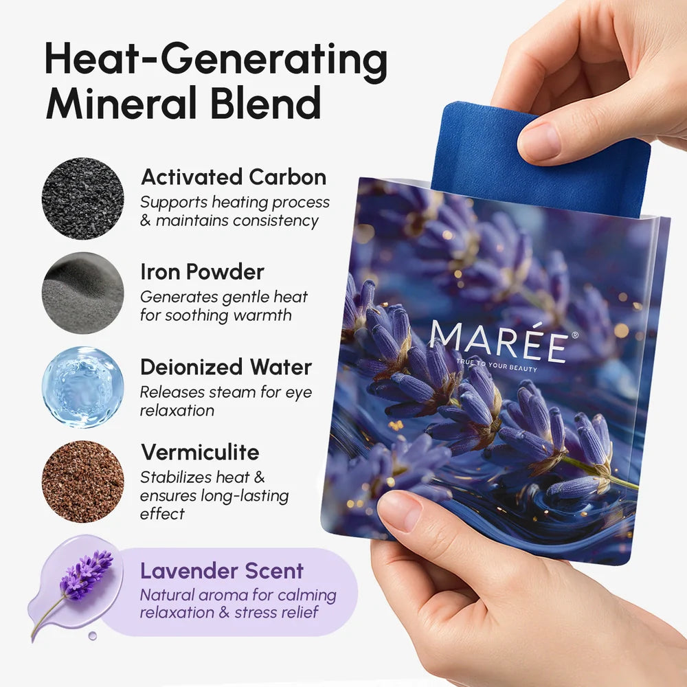 Maree scented spa steam eye mask resting on eyes, soft fabric cover, designed for relaxation and soothing warmth during use.