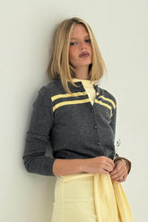Charcoal and butter striped cashmere wool cardigan from findmenowthelabel, featuring a cozy knitwear design and button closure.