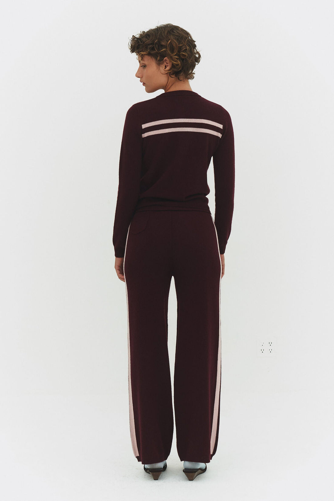 Findmewthelabel cashmere wool stripe cardigan in raspberry cream, cozy knitwear with colorful horizontal stripes.