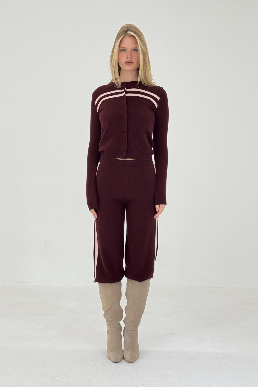 Findmenowthelabel cashmere wool stripe cardigan in raspberry cream, featuring a cozy knitwear design with colorful horizontal stripes.