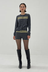 Charcoal and butter striped cashmere wool cardigan from findmenowthelabel, showcasing a cozy knitwear design.
