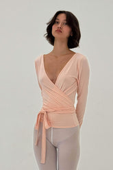 FindmeNowTheLabel powder pink ballerina wrap top, lightweight fabric with long sleeves and elegant drape, stylish and feminine.