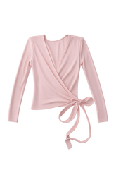 FindmeNowTheLabel ballerina wrap top in powder pink, featuring a soft, fitted design with long sleeves and a stylish wrap front.