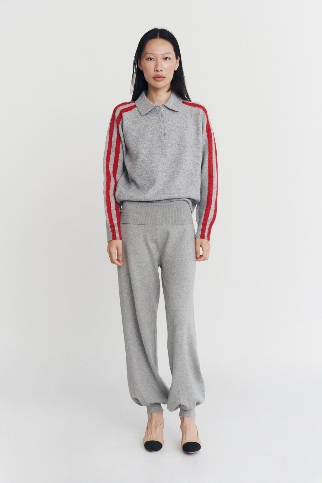 RAGLAN STRIPE KNIT POLO IN CHARCOAL AND SCARLET