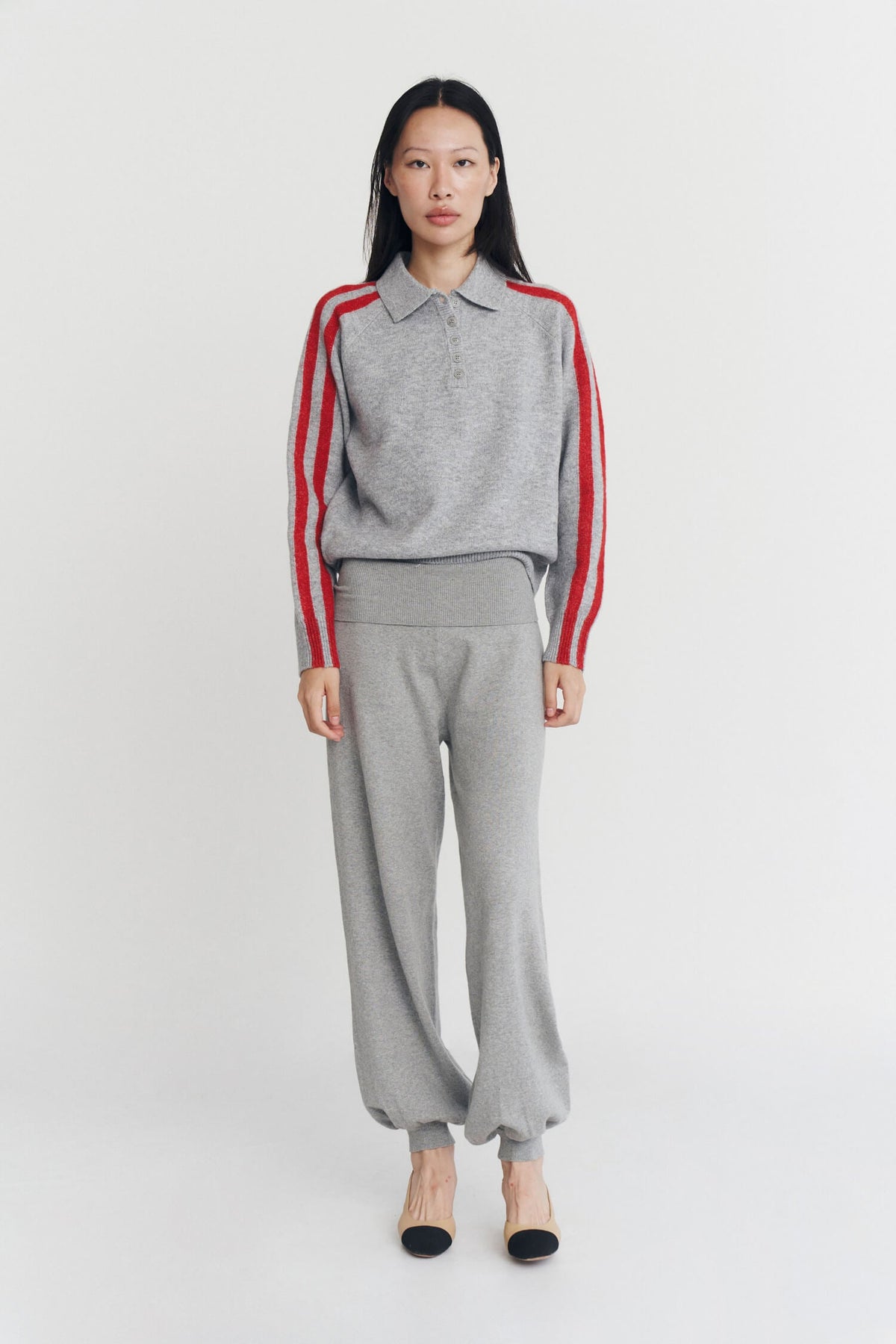 RAGLAN STRIPE KNIT POLO IN CHARCOAL AND SCARLET