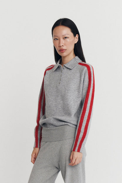 RAGLAN STRIPE KNIT POLO IN CHARCOAL AND SCARLET