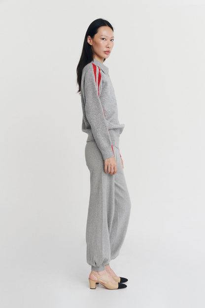 RAGLAN STRIPE KNIT POLO IN CHARCOAL AND SCARLET