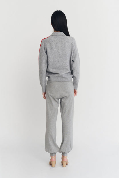 RAGLAN STRIPE KNIT POLO IN CHARCOAL AND SCARLET