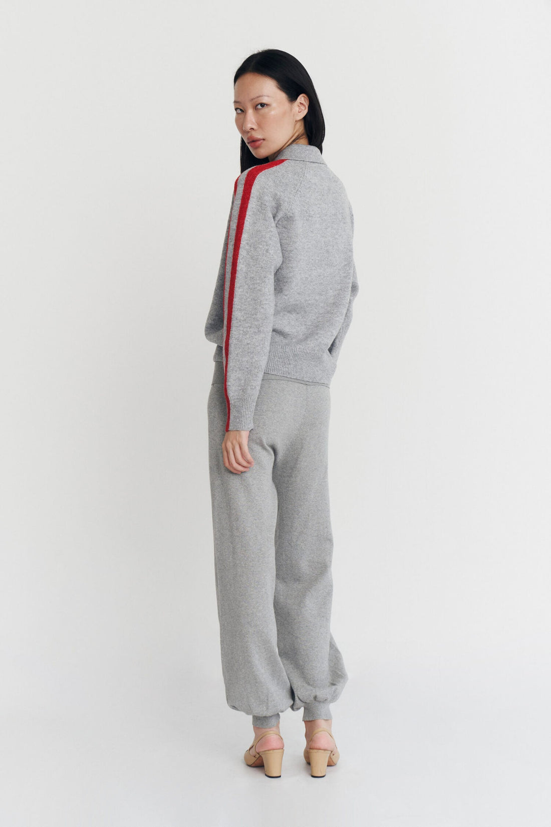 RAGLAN STRIPE KNIT POLO IN CHARCOAL AND SCARLET