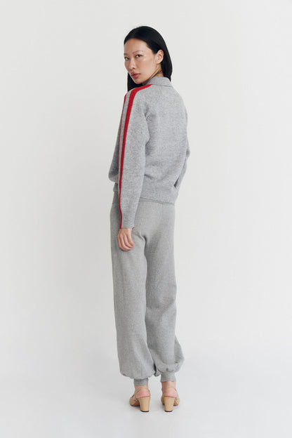 RAGLAN STRIPE KNIT POLO IN CHARCOAL AND SCARLET