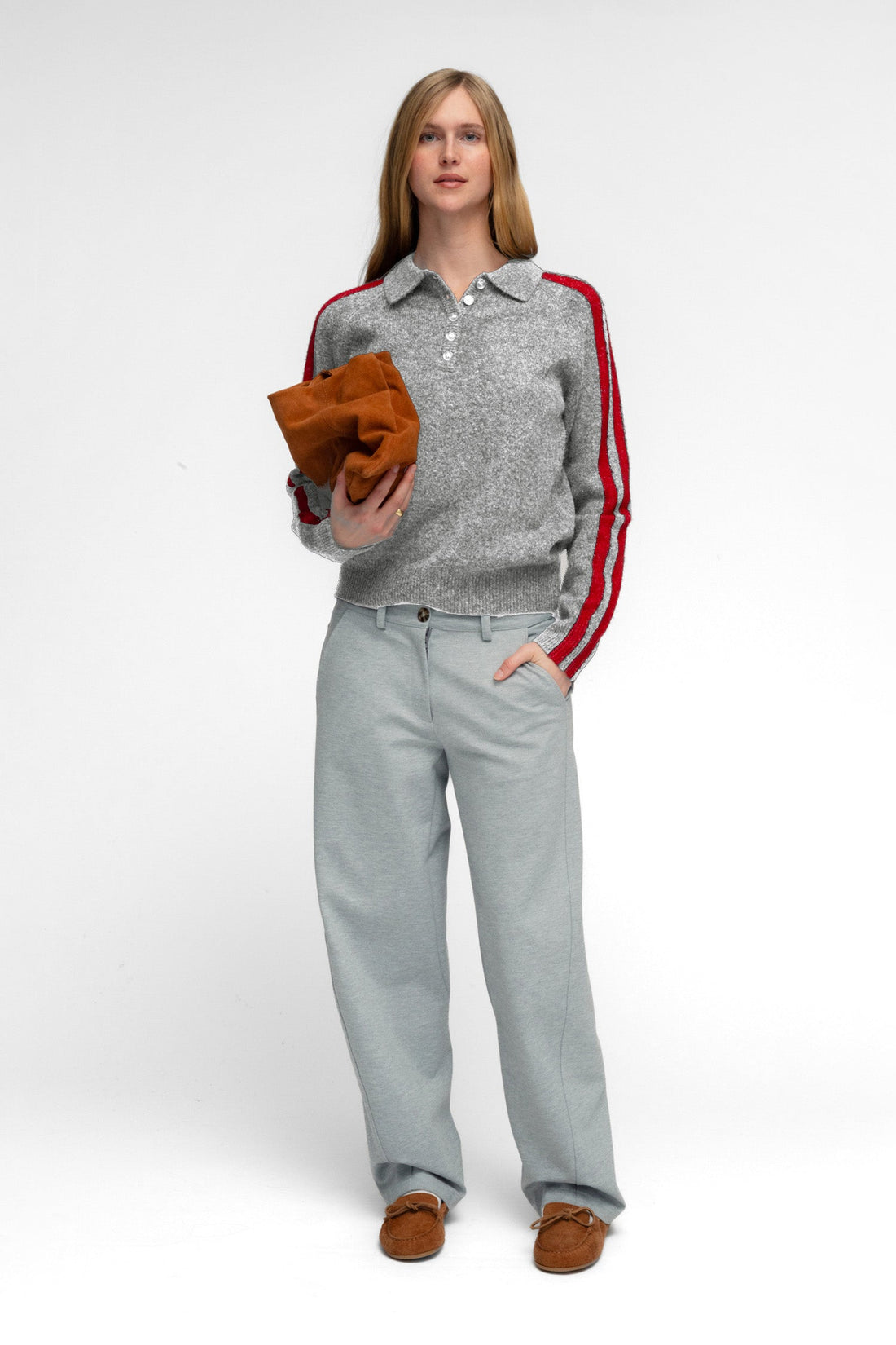 RAGLAN STRIPE KNIT POLO IN CHARCOAL AND SCARLET