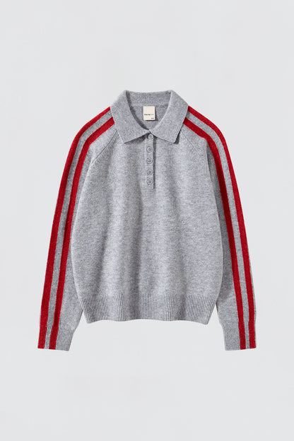 RAGLAN STRIPE KNIT POLO IN CHARCOAL AND SCARLET