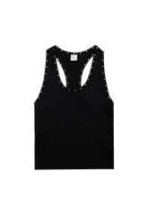 Black findmenowthelabel YUNA tank top laid flat, showcasing its sleek design and soft fabric.