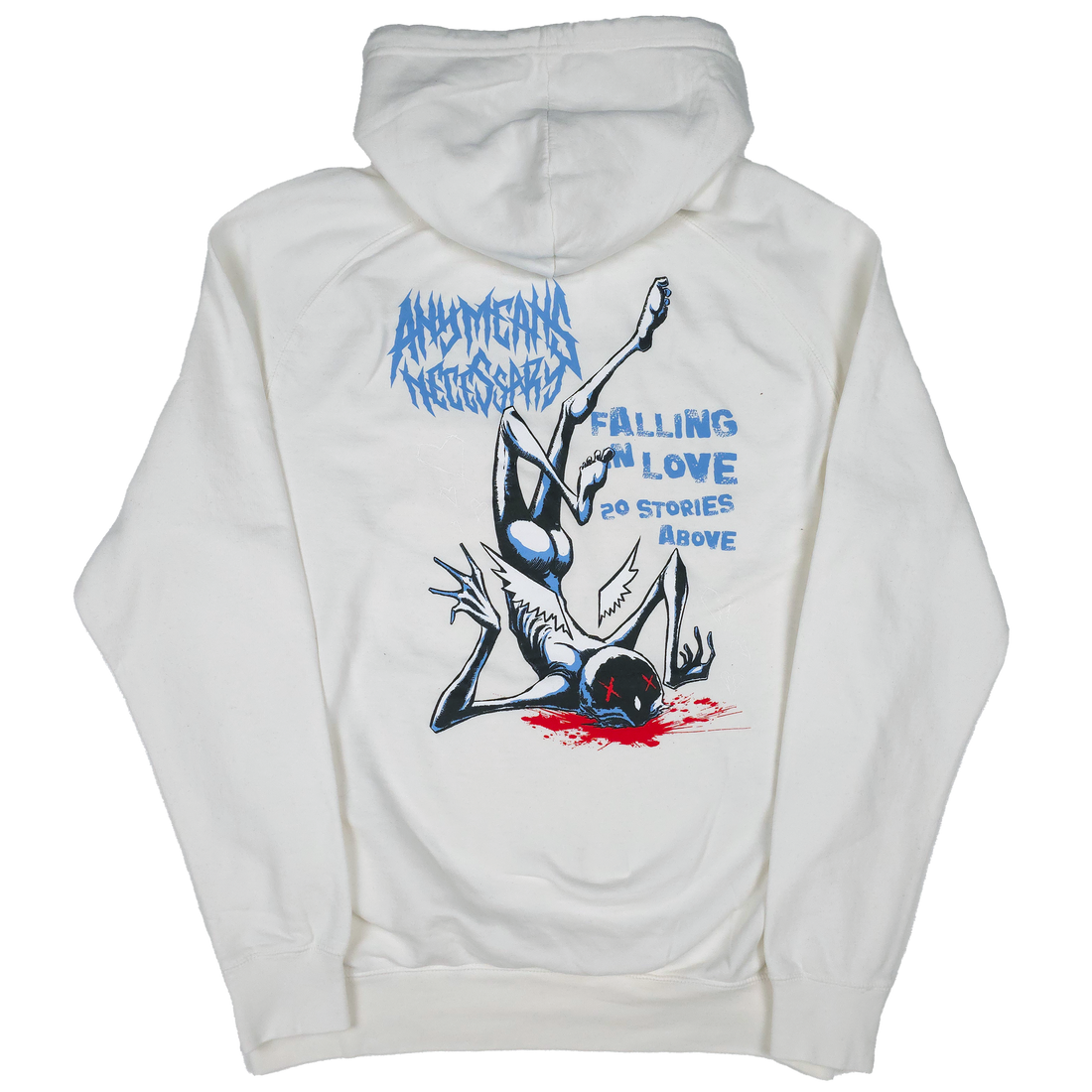 Back view of Falling in Love vintage white hoodie by Any Means Necessary Clothing, featuring a relaxed fit and soft fabric.