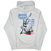 Back view of Falling in Love vintage white hoodie by Any Means Necessary Clothing, featuring a relaxed fit and soft fabric.