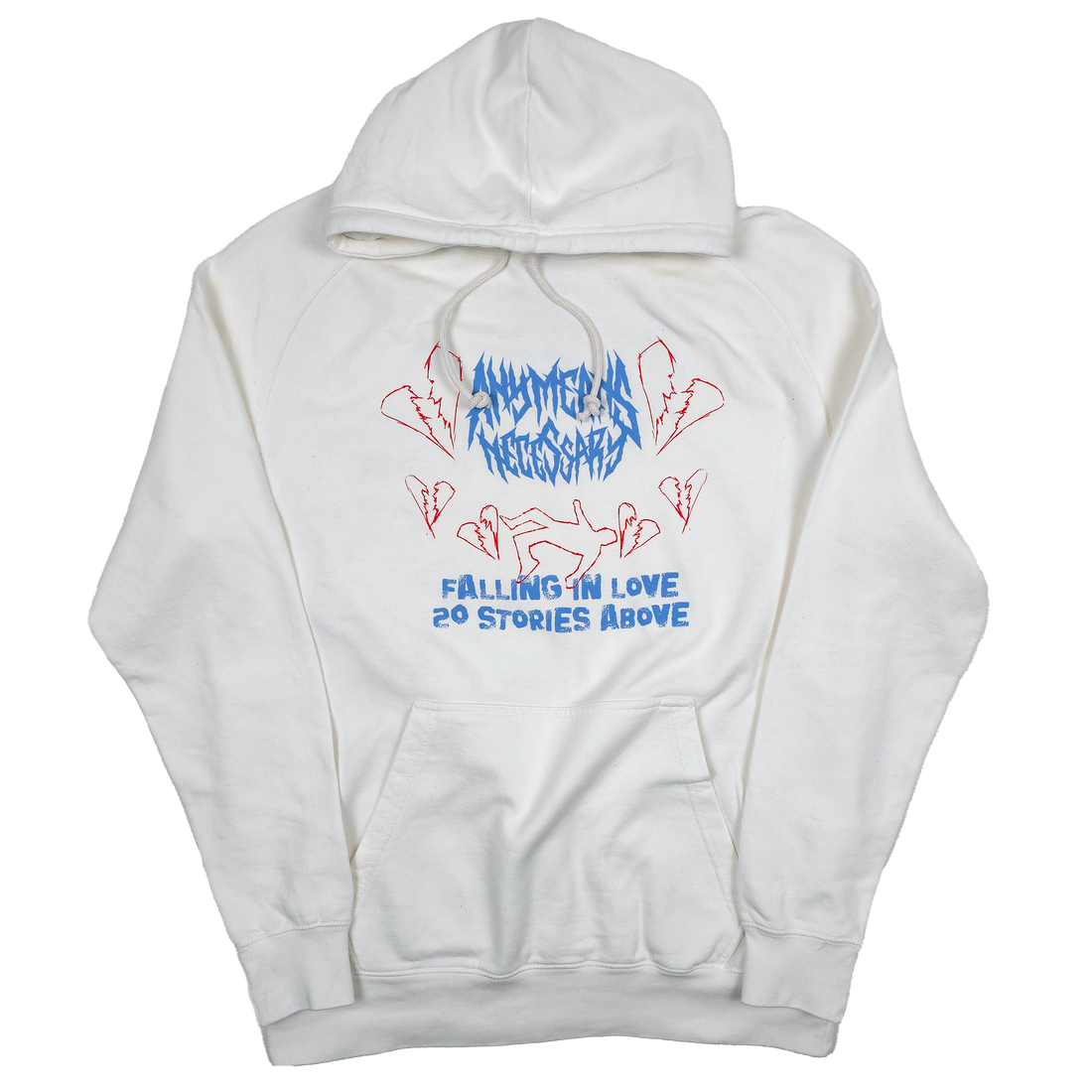 White Falling in Love pullover hoodie by Any Means Necessary Clothing, front view showing the vintage-inspired design.
