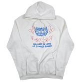 White Falling in Love pullover hoodie by Any Means Necessary Clothing, front view showing the vintage-inspired design.