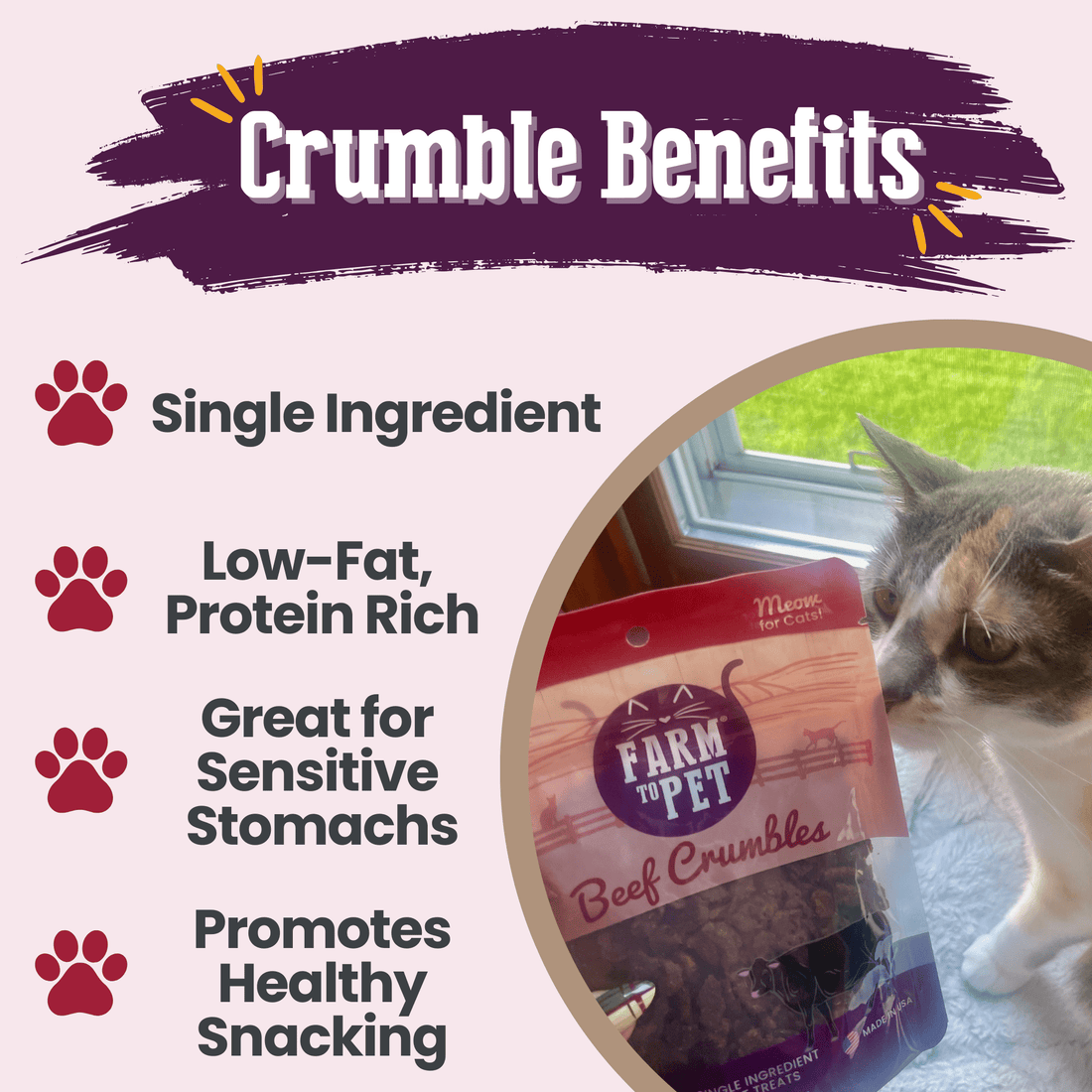 Farm To Pet Beef Crumbles Cat Treats featuring natural, high-protein beef crumbles for cats, shown in a clear close-up image.