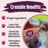 Farm To Pet Beef Crumbles Cat Treats featuring natural, high-protein beef crumbles for cats, shown in a clear close-up image.