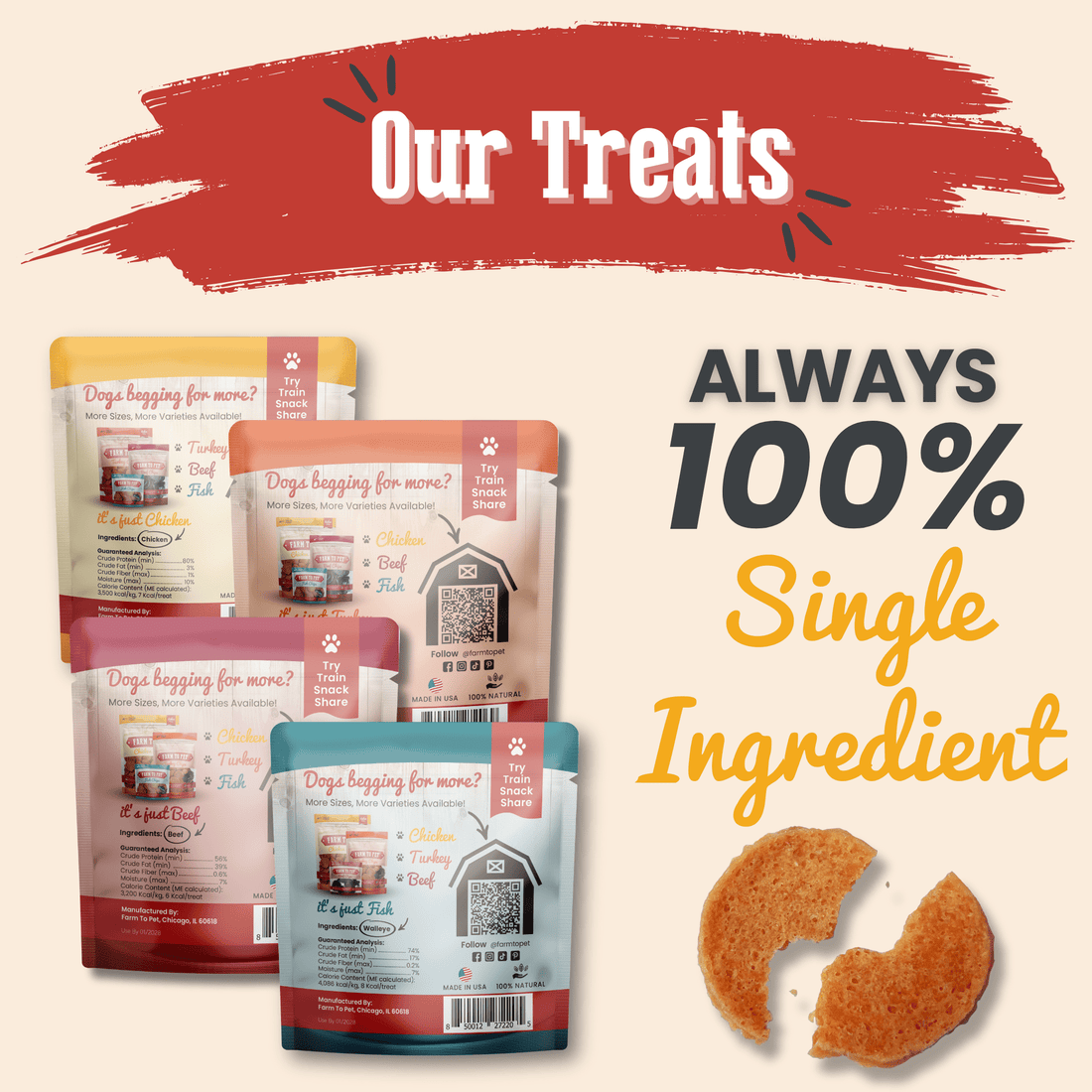 Farm To Pet snack pack with assorted natural dog treats, featuring a variety of flavors in a colorful sampler pack.