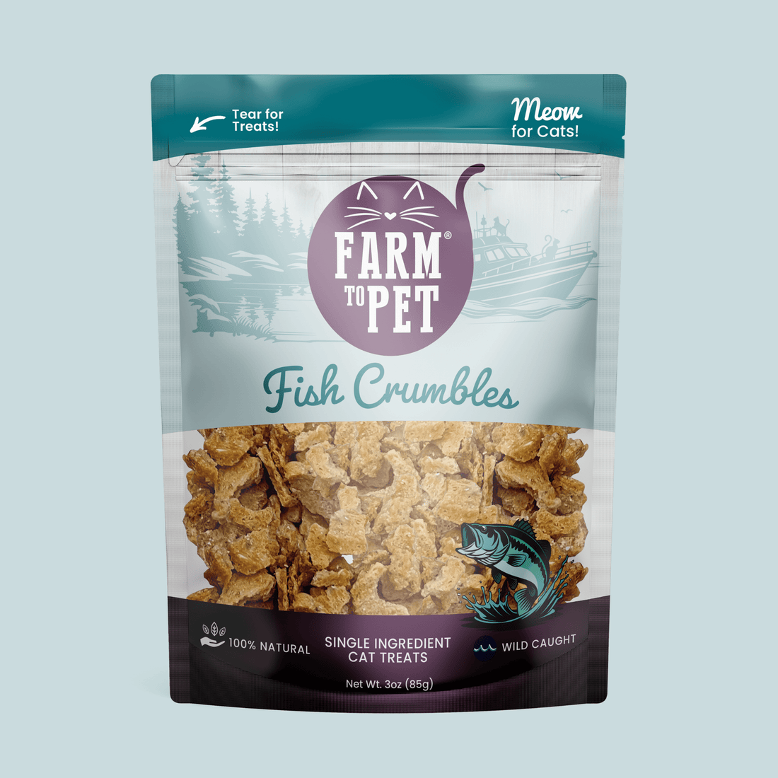 Front of bag showing Farm To Pet all-natural fish crumbles cat treats in crumble form with images of fish and cats on the packaging.