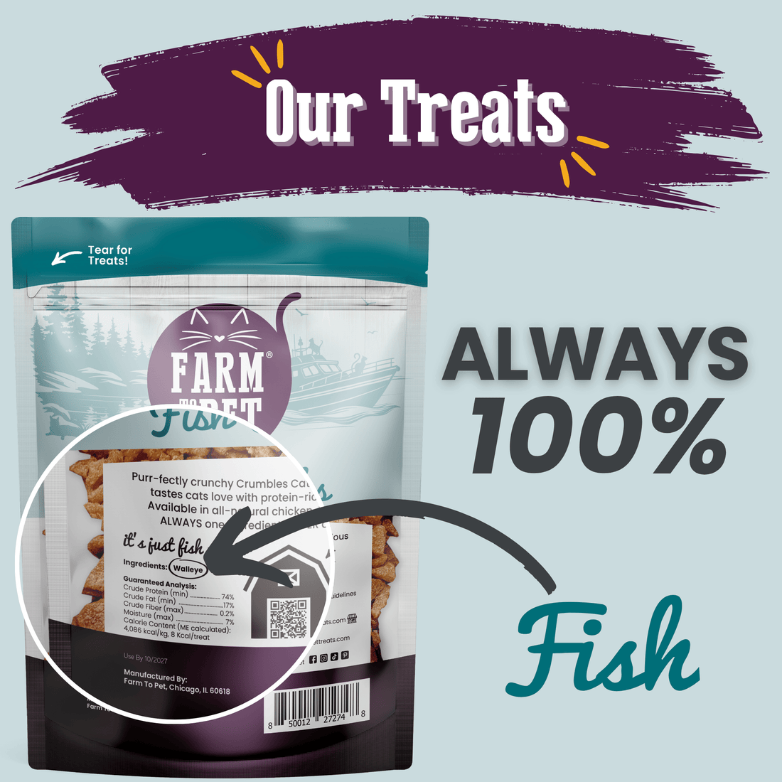 All-natural Fish Crumbles for cats by Farm To Pet, showing the back of the treat bag with fish treats in crumble form.