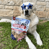 Farm To Pet Americana Chicken Chips for dogs in a 12oz bag, healthy USA-made dog treats with a dog wearing sunglasses.